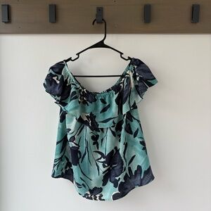 Maeve Anthropologie Off-Shoulder Floral Blouse — Size Small — Teal & Navy Print